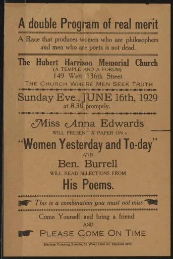 The Harlem Renaissance — The Hubert Harrison Memorial Church, 16 June 1929